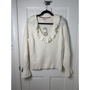 Boden Fluffy Frill VNeck Ivory Wool & Alpaca Blend Sweater Size 10 Women’s